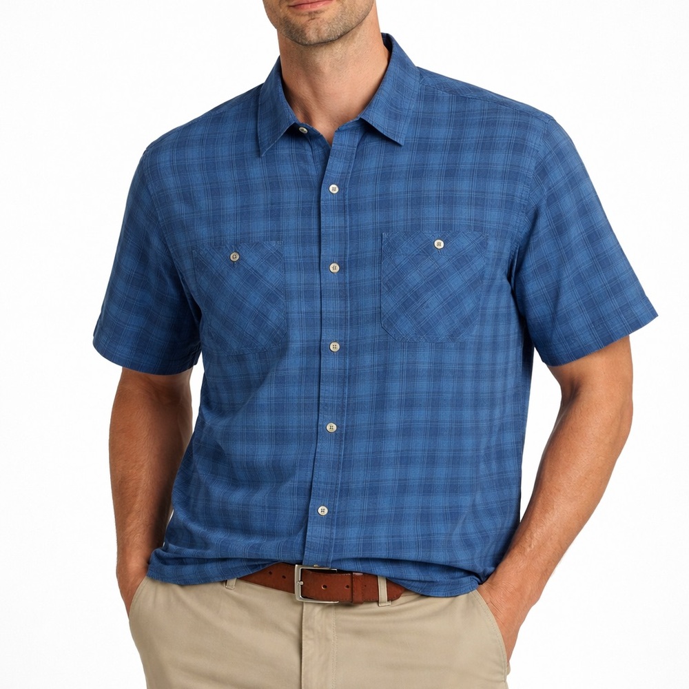 Orvis Shirt Mens Sz XL Blue Plaid Short Sleeve Lightweight Fast Dry Button Down